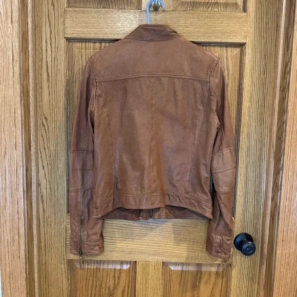 Lucky Brand Camel Leather Collarless Moto Jacket. Large